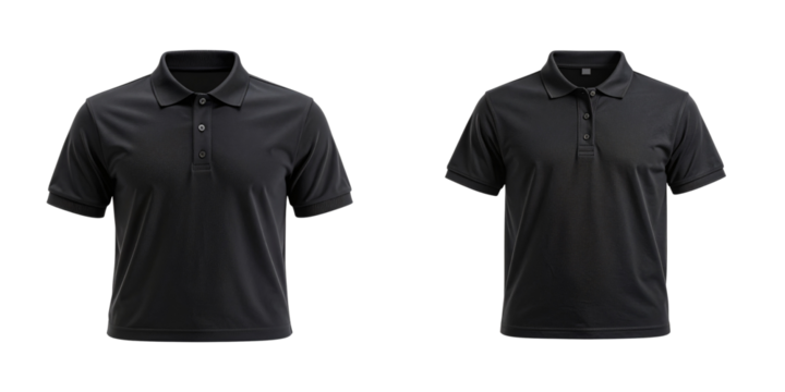  Plain Black Polo Shirt with Classic Collar and Button Placket, isolated front view on transparent background PNG