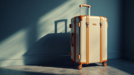 A stylish beige suitcase ready for travel, casting a shadow on a wall.