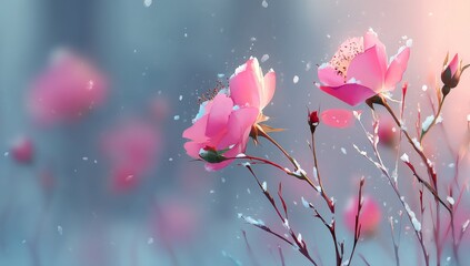 Roses in various stages of bloom, from budding to full bloom, are surrounded by foliage on a soft, dreamy background with gentle lighting