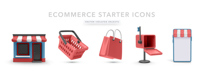 Shop Building, Basket, Shopping Bag, Mailbox, and Store Sign in Colorful 3D Style for Online Retail, Order Delivery, and Digital Commerce Projects. Vector Illustration.