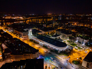 Novi Sad, Serbia - June 26, 2025: Aerial view of Mihajla Pupin Boulevard and the building of the Assembly of Vojvodina in Novi Sad by night.