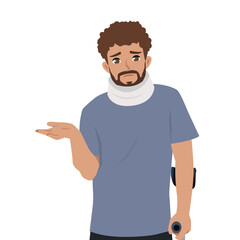 Man with neck brace and crutch looks confused or uncertain, suggesting recovering from an injury. Flat Vector character illustration