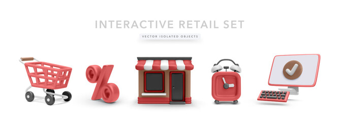 Shopping Cart, Discount Sign, Storefront, Alarm Clock, and Computer Monitor With Checkmark Rendered in 3D Cartoon Style for Ecommerce and Retail Concepts. Vector Illustration.
