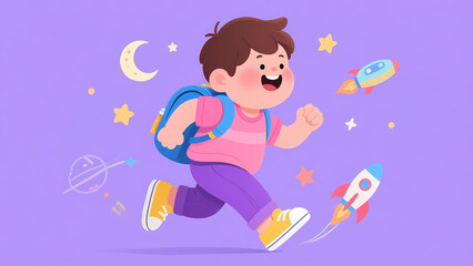 Child Running with Backpack Amidst Space Elements