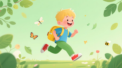 A cheerful child with a backpack runs through a vibrant, butterfly-filled garden.