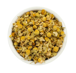Dry chamomile flowers in bowl isolated on white, top view