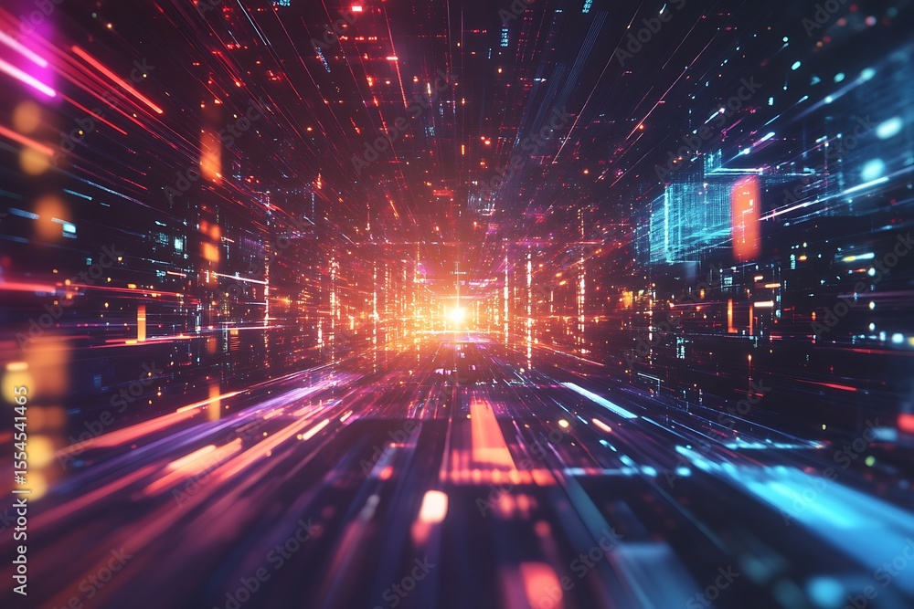 Poster abstract technology tunnel with glowing light streaks and futuristic data stream