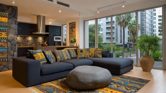 Modern Living Room Design: A spacious and stylish modern living room features a sleek sectional sofa adorned with vibrant patterned cushions, a unique stone coffee table.