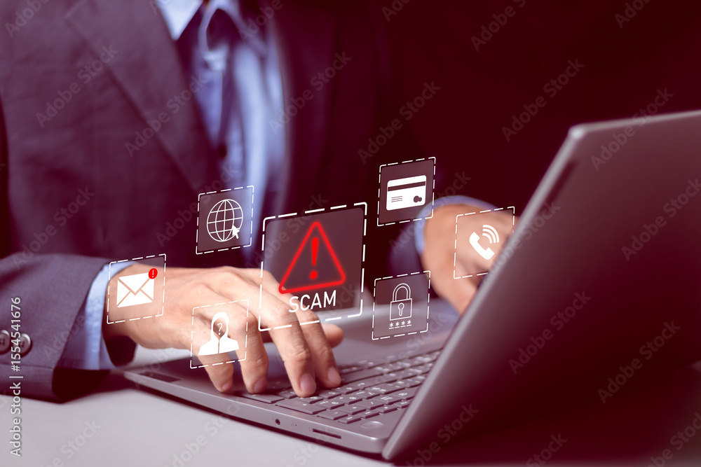 Poster scam alert warning with cybersecurity icons. while using laptop, warning sign for scams with icons o