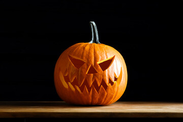 Carved jack-o-lantern halloween pumpkin on wooden table on black background