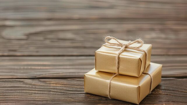 Glistening golden presents tied with twine rest on a textured wooden table, perfect for birthdays or celebrations