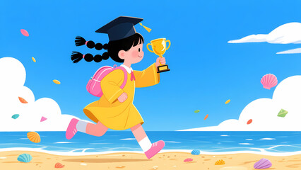 Graduate Girl Celebrating with Trophy on Beach