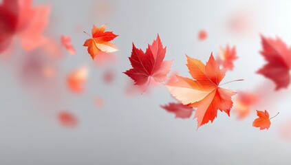 The view upwards reveals a kaleidoscope of autumn colors, with red and orange leaves drifting lazily from their branches, juxtaposed against a gentle cloudy blue sky, evoking a sense of seasonal
