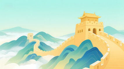Illustration of the Great Wall of China winding through mountainous terrain under a clear sky