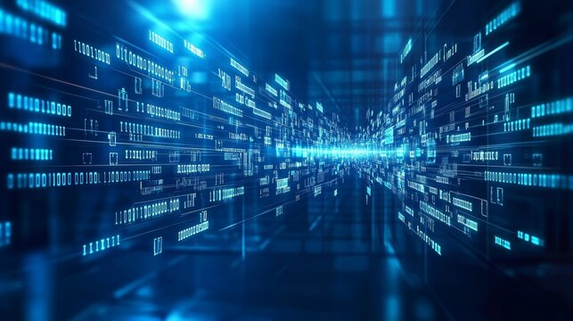 A Futuristic Digital Matrix Representing Advanced Technology with Streams of Binary Code and AI