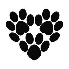 Charming flat design illustration of multiple paw prints artfully arranged to form a cohesive heart silhouette ideal for pet lovers