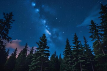 Tree silhouette on the night sky full of stars, shining brightly in the sky | Illustration