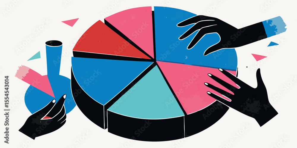 Poster hands reaching for pieces of a colorful pie chart representing teamwork and data analysis isolated o