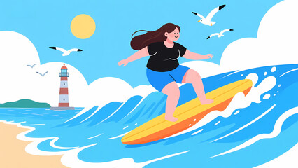 A person surfing on a wave near a lighthouse under a sunny sky with seagulls flying overhead.