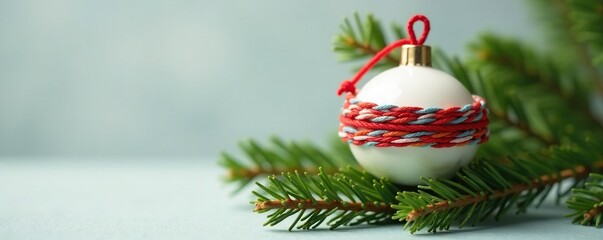 White ceramic sphere with a colorful red string wrapped around it sits atop a fir branch, fir, ceramic