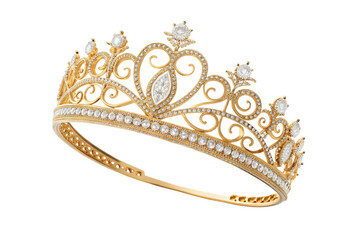 Elegant gold diamond tiara crown with intricate scrollwork isolated on transparent background