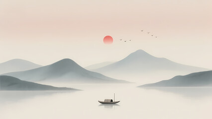 Solitary Boat on Calm Waters with Distant Mountains and Setting Sun
