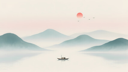 Serene Landscape with a Boat on Calm Waters Under a Pastel Sky
