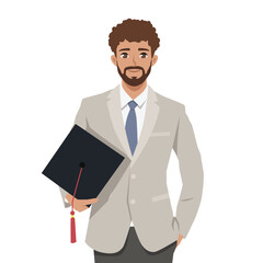 Young man in a beige suit and blue tie, confidently holding a graduation cap and smiling. Flat Vector character illustration