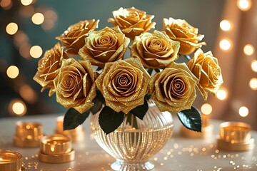 Luxurious Golden Rose Bouquet with Glitter in Elegant Vase and Candlelight |  illustration


