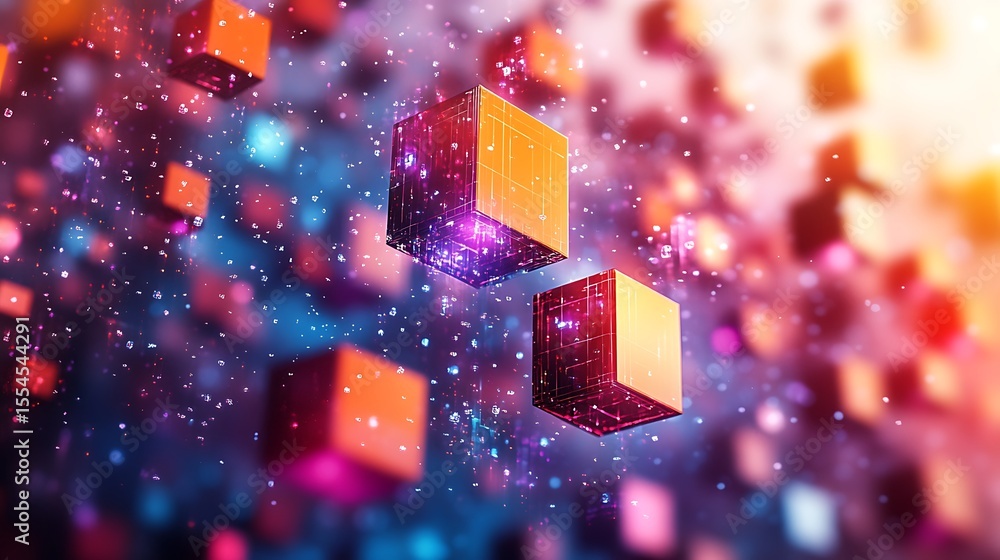 Aufkleber abstract technology background with floating cubes and glowing particles, digital innovation