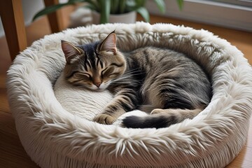 A cute tiger cat is sleeping soundly in a fluffy pet bed inside the house.   | Illustration