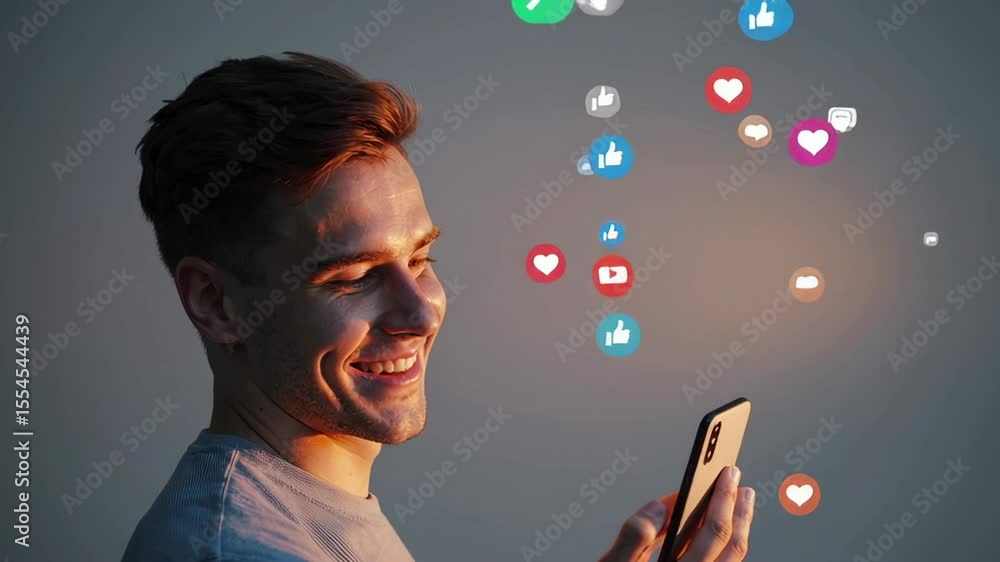 Poster Young man holding smartphone experiencing multiple social media notifications with hearts. Likes. And thumbs up appearing dynamically on screen. Representing digital engagement and online popularity