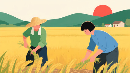 Farmers harvesting wheat in a golden field under a setting sun