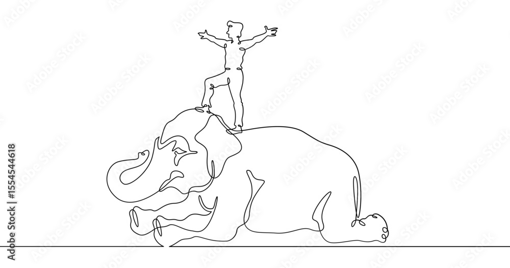 Poster continuous one line drawing аnimal trainer. circus elephant. trained circus animal. circus performan