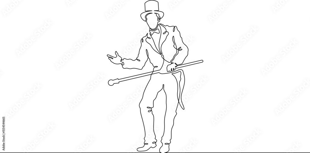 Poster continuous one line drawing circus magician illusionist. magic show of a magician. performance of an
