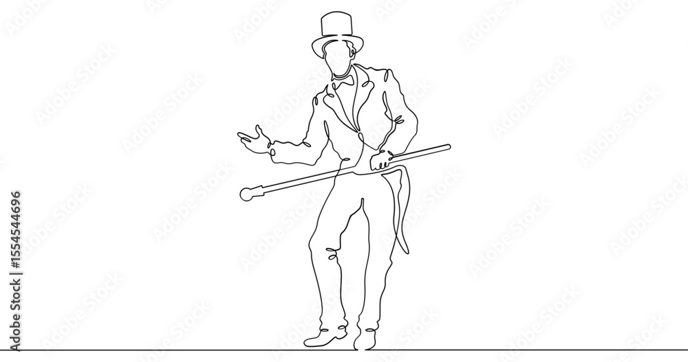 Poster continuous one line drawing circus magician illusionist. magic show of a magician. performance of an