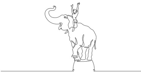 Continuous one line drawing аnimal trainer. Circus elephant. Trained circus animal. Circus performance.One continuous line isolated minimal illustration.Not AI.