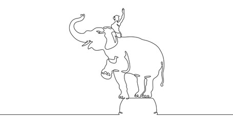 Continuous one line drawing аnimal trainer. Circus elephant. Trained circus animal. Circus performance.One continuous line isolated minimal illustration.Not AI.