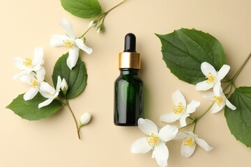 Essential oil, beautiful jasmine flowers and green leaves on beige background, flat lay
