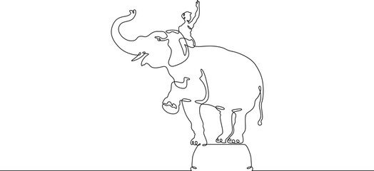 Continuous one line drawing аnimal trainer. Circus elephant. Trained circus animal. Circus performance.One continuous line isolated minimal illustration.Not AI.