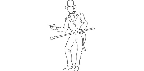 Continuous one line drawing circus magician illusionist. Magic show of a magician. Performance of an illusionist wizard. Circus. One continuous line isolated minimal illustration.Not AI.