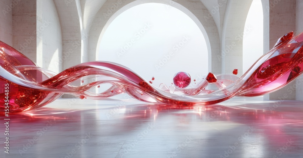 Poster abstract red liquid waves flow within bright arched room. minimalist design, smooth surfaces, reflec