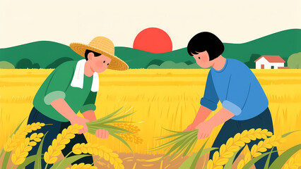 Farmers harvesting wheat in a golden field under a setting sun