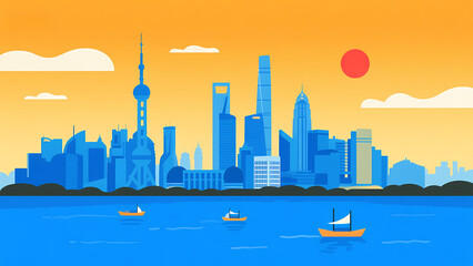 Cityscape with Modern Skyscrapers and Boats on Water at Sunset