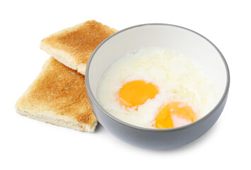 Half-boiled eggs in bowl and toasted bread isolated on white. Traditional asian breakfast