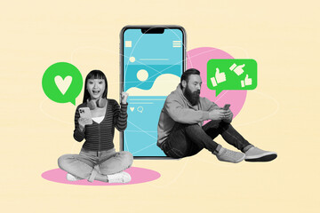 Composite sketch design artwork 3D collage of young man lady sit down chatting smartphone smile...