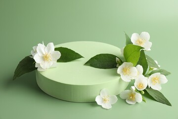 Beautiful jasmine flowers with leaves on green background