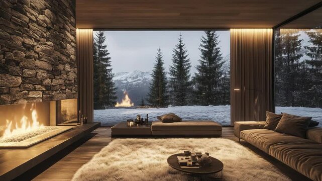 Luxury mountain chalet living room with stone fireplace, fur rug, panoramic window view of pine trees and soft light