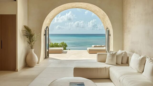 Luxury resort suite with neutral palette, ocean-inspired textures, and view through arched terrace