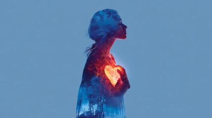 A woman's silhouette with a glowing heart embodies love and nature.